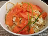 Volkoren pasta , prei, kruidenkaas, gerookte zalm